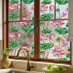 Película decorativa para ventana de loto estática adhesiva vitral pegatina para cocina