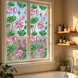 Vista detallada de la lamina para ventana con flores de loto de colores, adhesivo de privacidad.