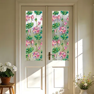 Película decorativa para ventanas de vidrio tintado con diseño de flores de loto para privacidad.