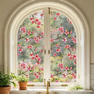 Película decorativa para ventanas con diseño de flores de cerezo rosa, vinilo de privacidad.
