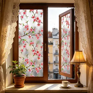 Película decorativa para ventanas con diseño de flores de cerezo rosas para privacidad.