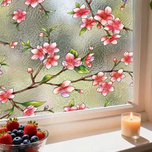 Película decorativa para ventana con cerezo en flor, vinilo adhesivo estático para el hogar.