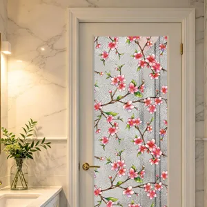 Película para ventana estática decorativa con patrón de flores de cerezo rosa para puerta de vidrio
