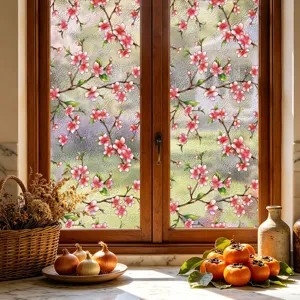 Película para ventana estática flor de cerezo, adhesivo vidrio esmerilado diseño floral.