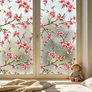 Película decorativa estática para ventana con patrón de flores de cerezo para privacidad.