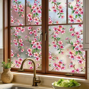 Película decorativa esmerilada para ventanas con flores de cerezo rosas, adhesivo de cristal estático.