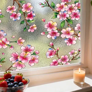 Vinilo adhesivo estático para ventana con diseño de flor de cerezo y gran decoración