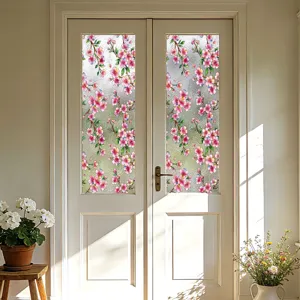 Película decorativa estática para ventana con hermoso diseño floral de flor de cerezo.