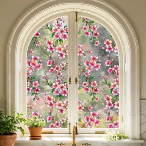 Detalle de película electrostática para ventana de flores de cerezo, adhesivo de privacidad.