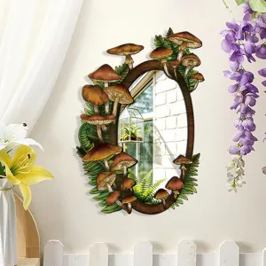 Boho wooden oval wall mirror featuring creative mushroom and fern botanical decor for bedroom.