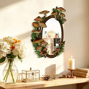 Boho wooden wall mirror with mushroom and leaf design, perfect for bedroom home decor.