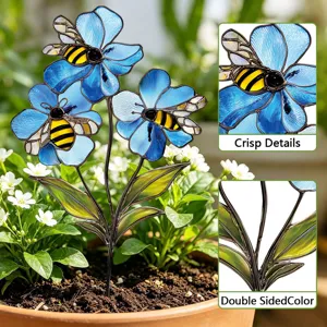 Stained glass blue flower and bee garden stake, premium metal yard art outdoor plant pot decoration.
