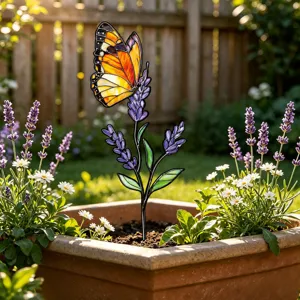 Metal Garden Stake Outdoor Yard Lawn Decor Butterfly Lavender Floral Iron Art Flower Pot Insert Home Garden Decoration