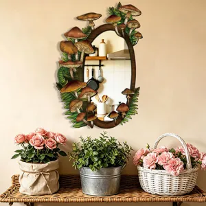 Bohemian style decorative wooden acrylic wall mirror with unique mushroom and fern design for home.