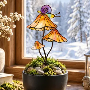 Piquet de plante en pot champignon et escargot en vitrail, decoration de jardin artistique.