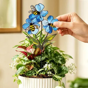 Stained glass blue flower bee garden stake metal plant pot insert outdoor lawn decor