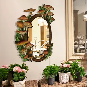 Bohemian mushroom decorative wall mirror, boho style wooden frame acrylic mirror for bedroom.