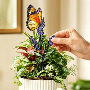 Butterfly lavender metal garden stake for potted plants and home yard decor details.