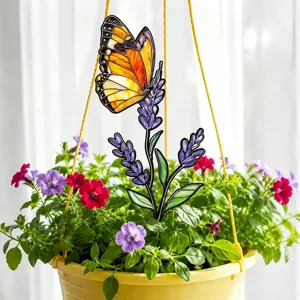 Stained glass butterfly and lavender garden stake detail, perfect for potted plant decoration.