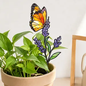 Stained glass butterfly and lavender metal plant stake for potted garden decor detail view