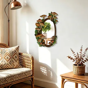 Detailed view of a boho style wooden wall mirror decorated with mushrooms and leaves for home decor.