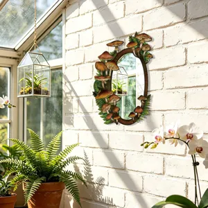 Boho mushroom decorative wooden mirror for bedroom and home wall art decor aesthetic interior.