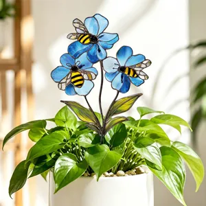 Stained glass blue flower bee garden stake, metal plant insert for potted plants and yard decoration.