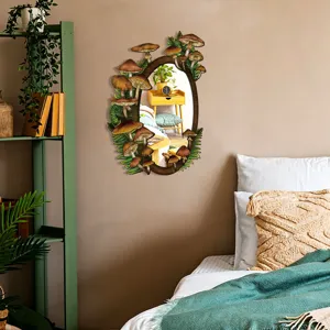 Boho mushroom wall mirror detail, aesthetic wooden acrylic hanging mirror for bedroom decor scene.