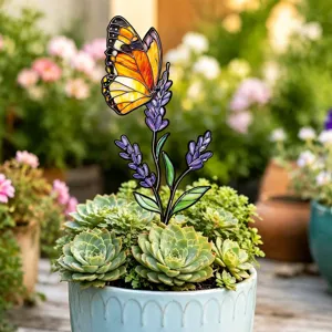 Metal butterfly and lavender flower pot plant stake for garden and indoor potted decoration.