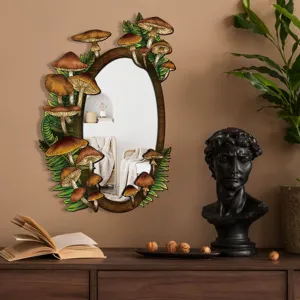 Exquisite boho wooden wall mirror featuring charming mushroom and fern illustrations for decor.