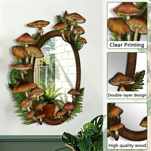 Bohemian wooden wall mirror with mushroom fern leaf design, double-layer acrylic mirror.