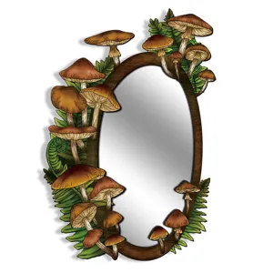 Close-up detail of the boho wooden wall mirror with painted mushrooms and green leaves.