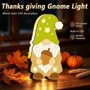 Veilleuse LED gnome Thanksgiving en bois avec design en couches 3D et lueur chaude pour déco.