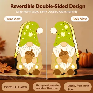 Détail de veilleuse gnome avec vue avant et arrière, LED chaude et design en bois 3D.
