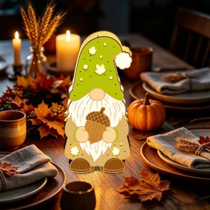 Veilleuse LED gnome en bois d'automne déco de table Thanksgiving avec gland et feuilles d'érable.