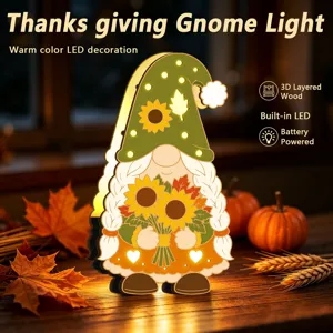 Vue détaillée de la veilleuse gnome en bois de Thanksgiving avec design 3D superposé et LED chaude.