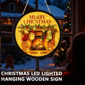 Christmas LED lighted hanging wooden sign holiday decor window ornament light up sign