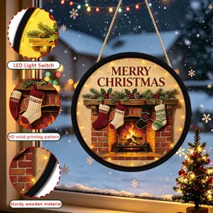 Close-up detail of the wooden Christmas hanging sign showing LED light switch and texture.