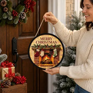 Christmas light-up hanging sign with LED lights, festive fireplace design for holiday decor.