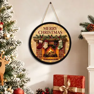 Christmas luminous wooden hanging sign with LED lights and fireplace design for holiday decor.