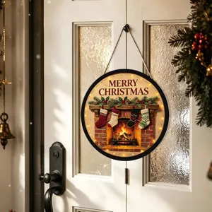 LED lighted Christmas hanging sign round wooden door plaque holiday home decor fireplace