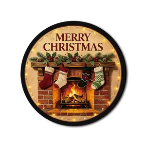 Christmas hanging sign with fireplace design, LED lights and stockings for holiday decor.