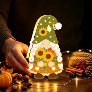 Veilleuse LED gnome en bois de Thanksgiving décoration de table avec tournesols et lumière chaude.