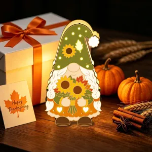 Veilleuse LED gnome en bois Thanksgiving avec tournesol, déco de table automnale.