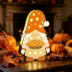 Charmante veilleuse veilleuse LED gnome en bois de Thanksgiving avec des motifs de feuilles d'erable.