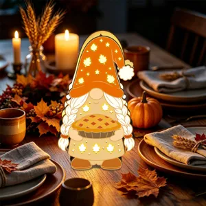 Veilleuse LED gnome en bois pour Thanksgiving decoration de table automne erable feuillage.