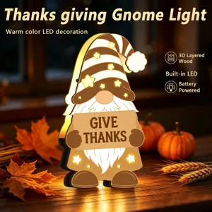 Veilleuse Gnome Thanksgiving 3D Bois Multicouche LED Piles Decoration De Table Automne