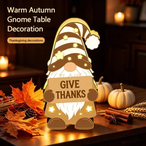 Décoration de table gnome d'automne chaleureuse avec lumières LED, parfaite pour Thanksgiving.