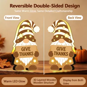 Veilleuse LED Gnome en Bois Thanksgiving Affichage Double Face Vue Detaillee Caracteristiques