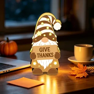 Veilleuse LED gnome en bois Thanksgiving avec panneau de remerciement pour decor d automne